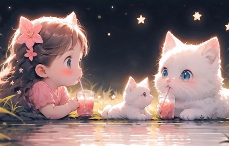 《一起喝果汁喵》小猫 女孩 画师：炼丹 4K高清无水印壁纸_每日美图