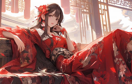 古风新娘 红色衣服 头饰 4K动漫壁纸_每日美图