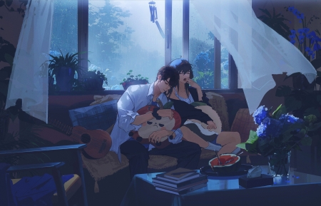 动漫男孩 女孩 打哈欠 4k壁纸