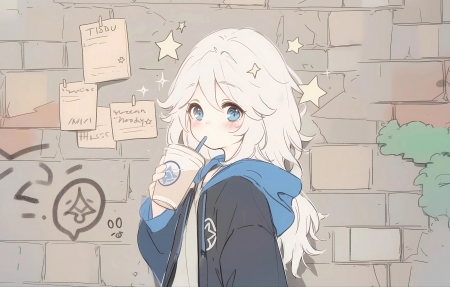 动漫女孩 奶茶 可爱背景墙 4k壁纸