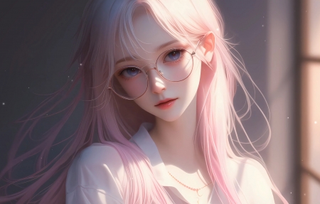 动漫美少女 戴眼镜 粉色长头发 4k壁纸