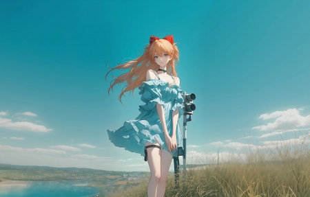 长发 蓝色裙子女孩 蝴蝶结头饰 蓝天 4k动漫壁纸