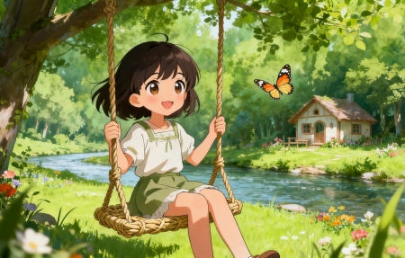 小女孩微笑地坐在挂藤上秋千4K壁纸3840x2160