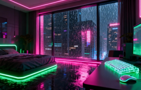 赛博朋克 房间 电脑桌 电脑 机械键盘4k壁纸