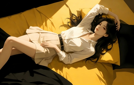 漂亮少女慵懒卧床 光影 唯美好看插画 4k电脑壁纸 3840x2160